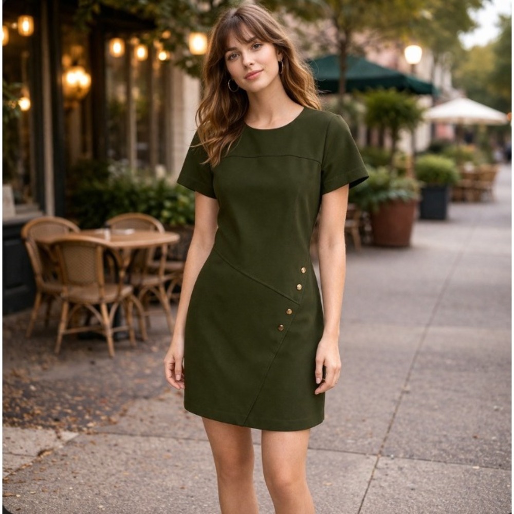Shoshanna Sheath Dress Size 4 Olive Army Green Short Sleeve Button Detail Office